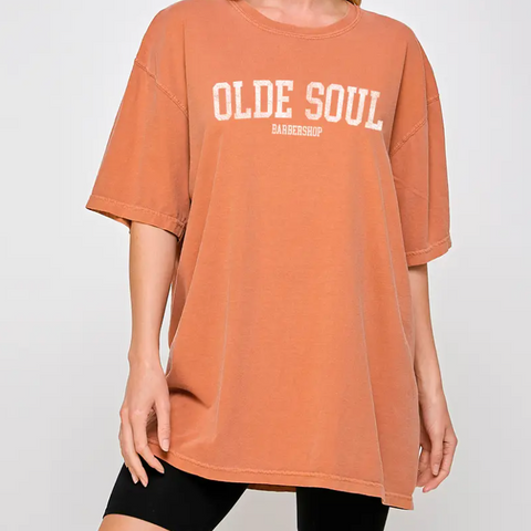 Person wearing a brown 'OLDE SOUL' t-shirt on a white background