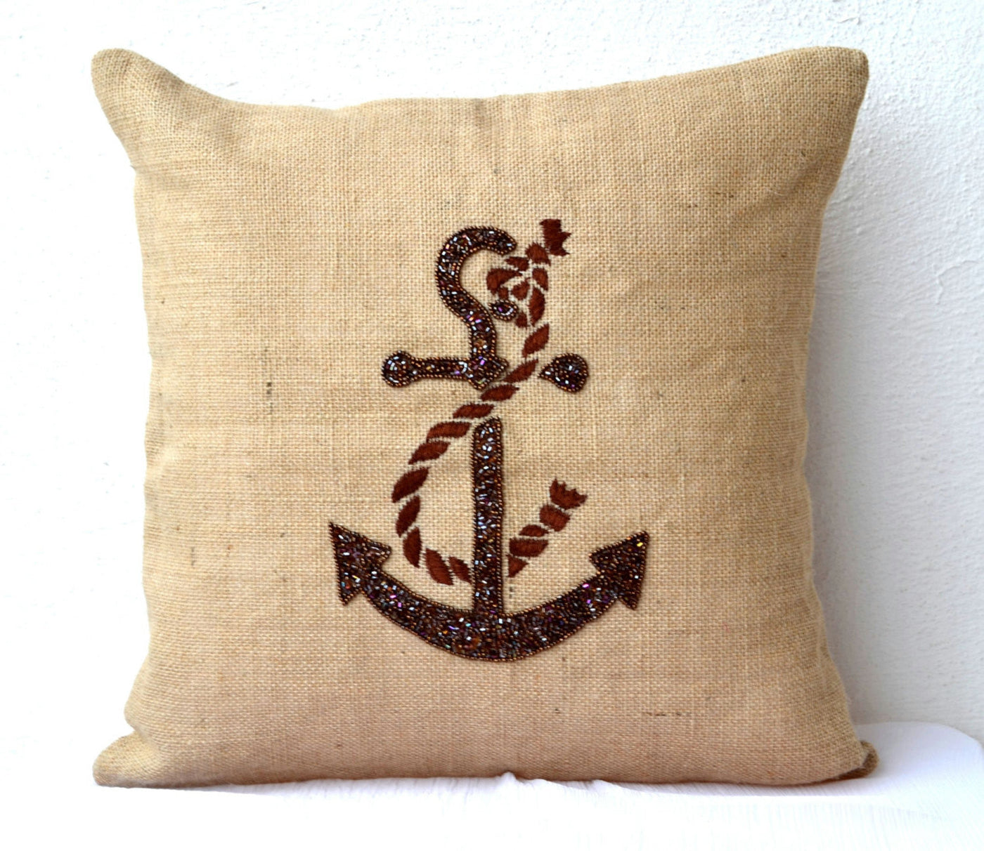 Buy handmade burlap nautical throw pillow covers with anchor sequin by Amore Beauté