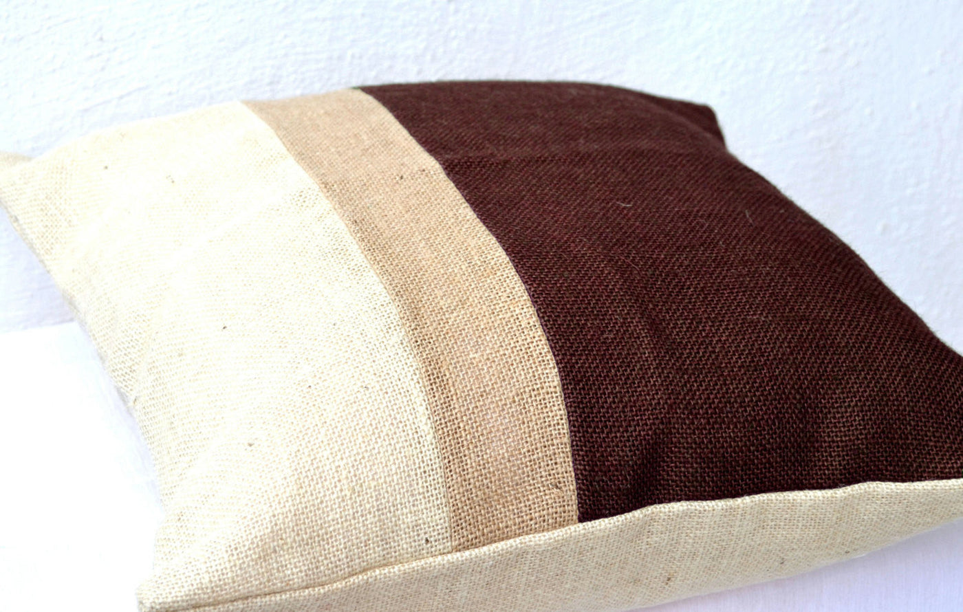 Colorblock Pillow In Neutral Earthen Hues From Ivory Beige Brown Burlap by Amore Beauté
