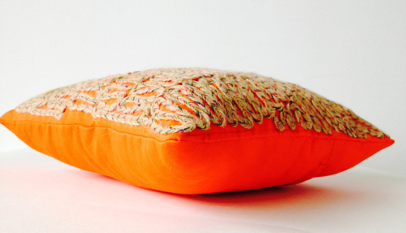 Throw Pillows -Orange Tan Dori Pillows -Burlap Pillow -Burlap Embroidered Orange Silk Pillows -Decorative Pillows -Tan Cushion -Gift -18x18 by Amore Beauté