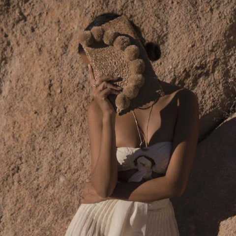 Natural Margarita Straw Party Clutch, with Nude Pom-poms by BrunnaCo