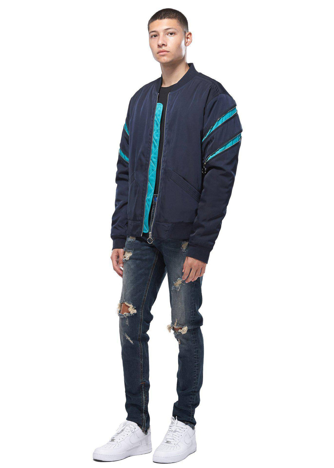 Konus Men's Bomber Jacket with Zipper Details in Navy by Shop at Konus