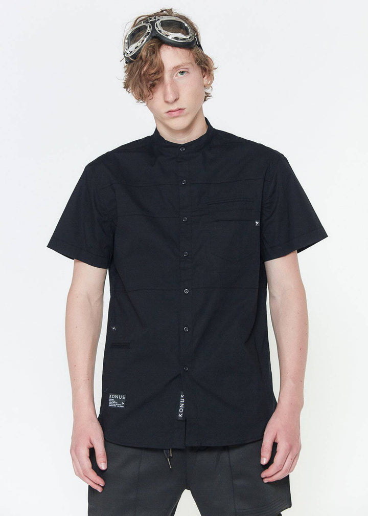 Konus Men's Short Sleeve Band Collar Shirt w/ Panels  in Black by Shop at Konus