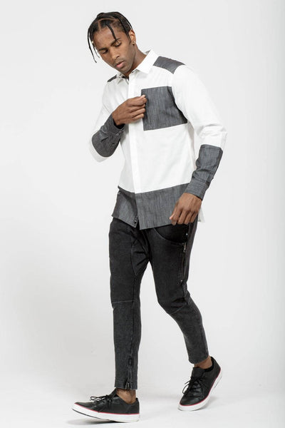 Men's Zip Pocket Button Up in White Grey by Shop at Konus