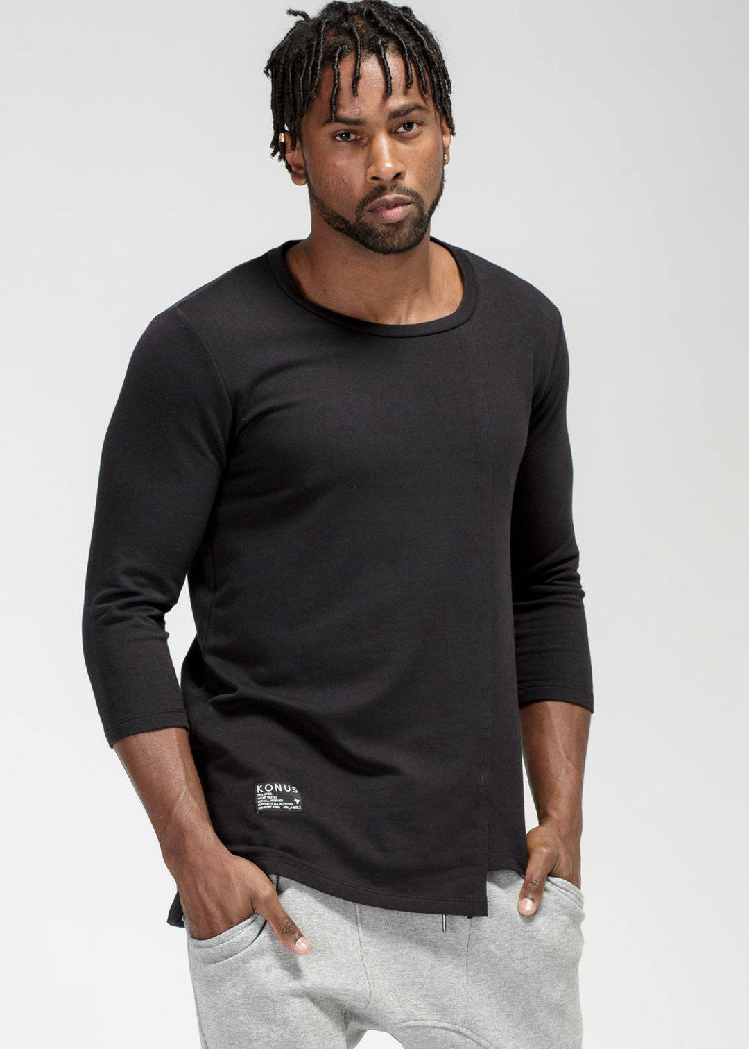 Konus Men's 3/4 Sleeve Tee with Uneven Hem in Black by Shop at Konus