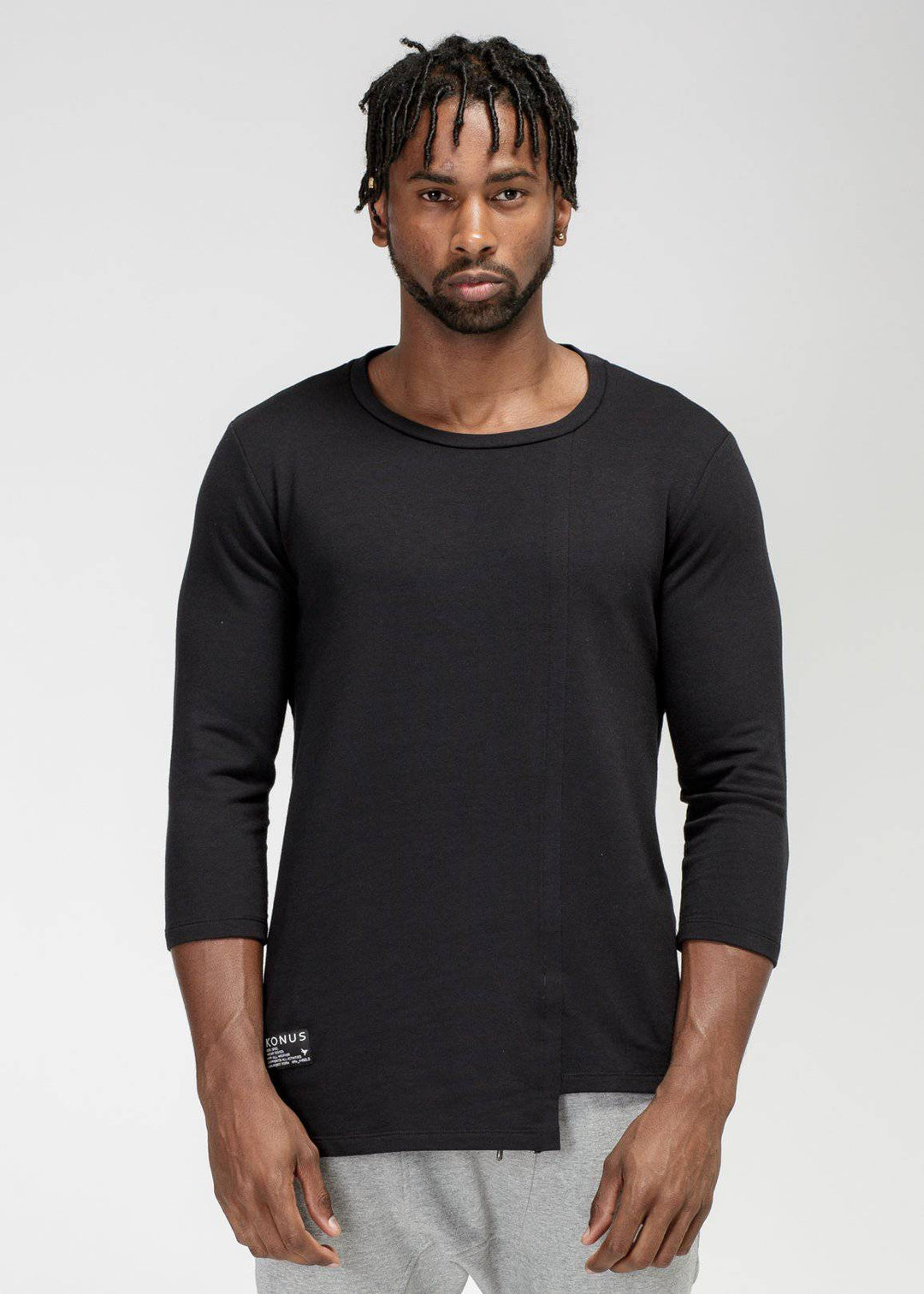 Konus Men's 3/4 Sleeve Tee with Uneven Hem in Black by Shop at Konus