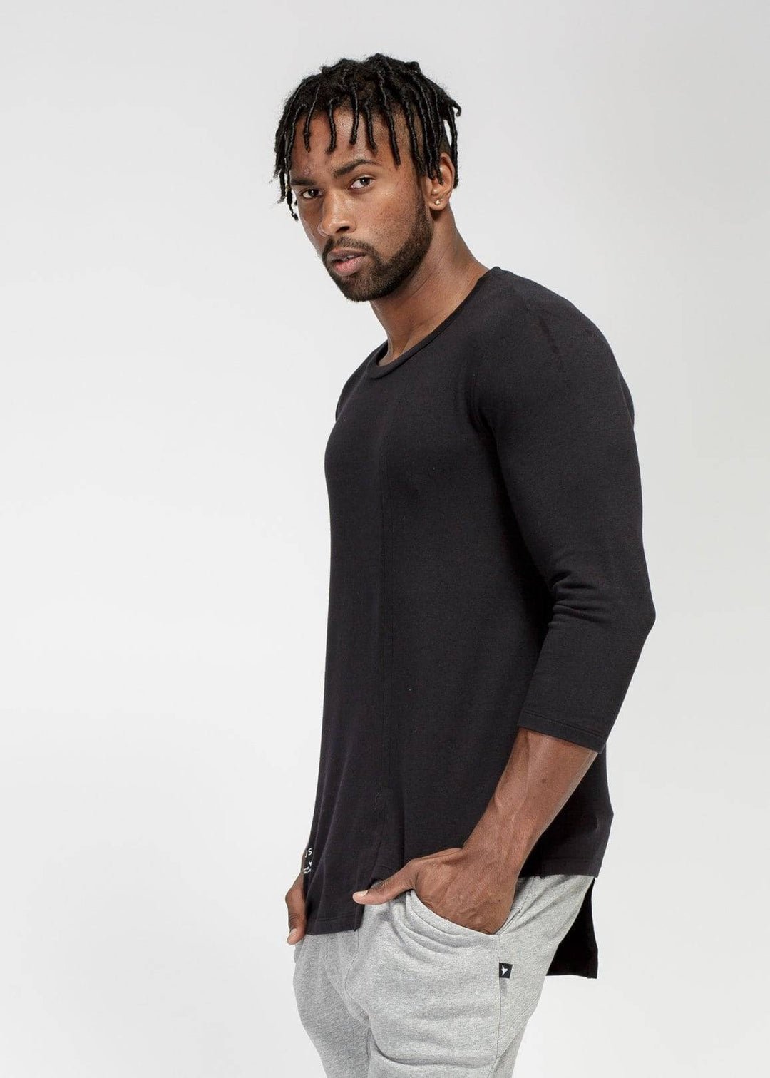 Konus Men's 3/4 Sleeve Tee with Uneven Hem in Black by Shop at Konus