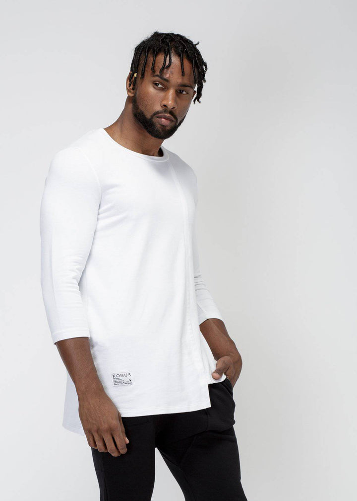 Konus Men's 3/4 Sleeve Tee with Uneven Hem in White by Shop at Konus