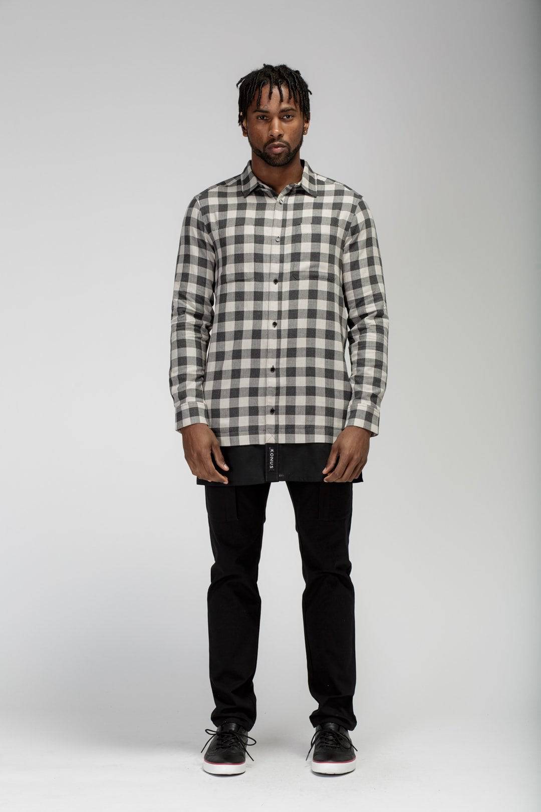 Konus Men's Longline Button up Shirt in Plaid in Charcoal by Shop at Konus