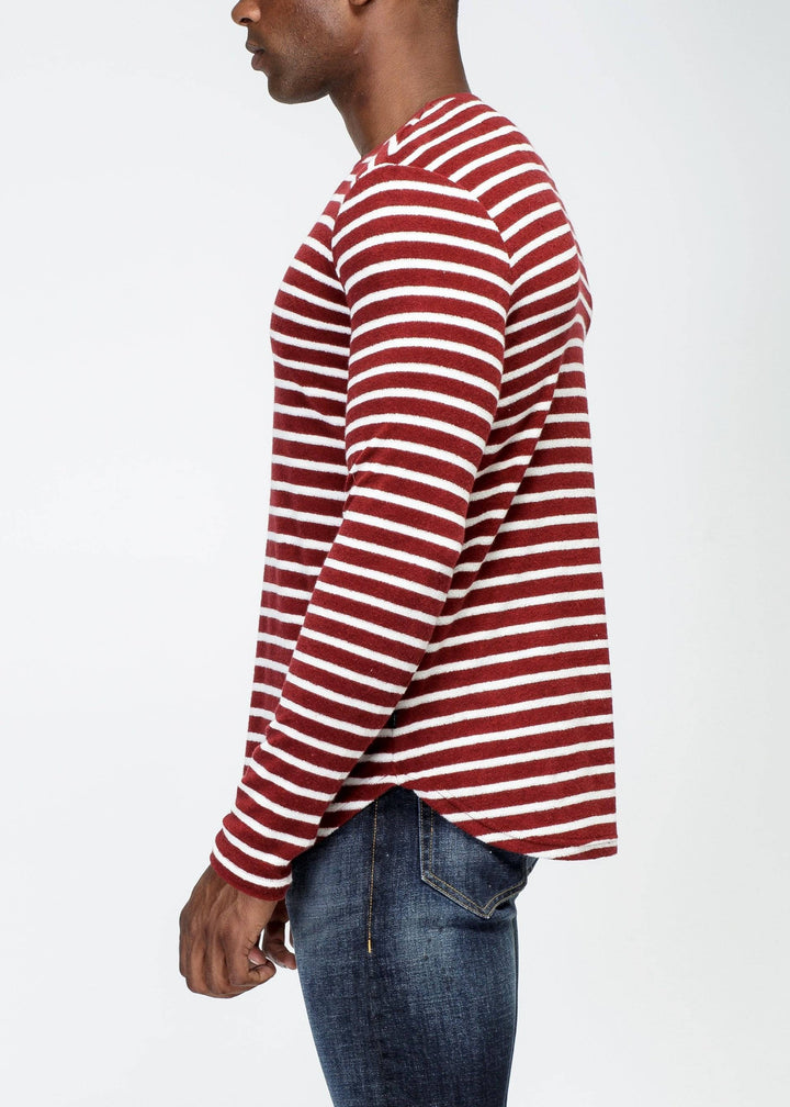 Konus Men's Scalloped Stripe Long Sleeve Tee in Burgundy by Shop at Konus