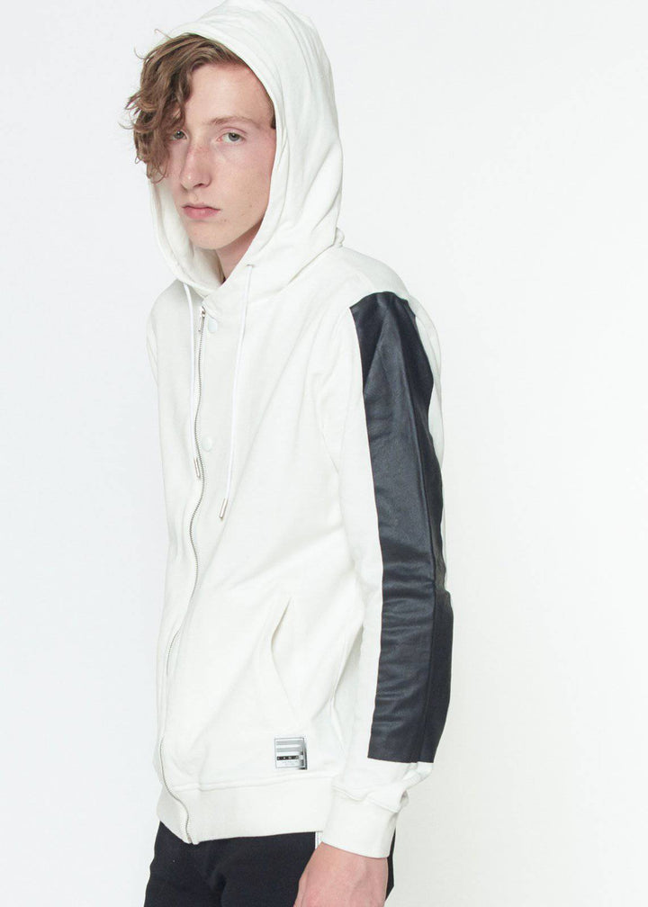 Konus Biker Hoodie with Block Print on Sleeves in White by Shop at Konus