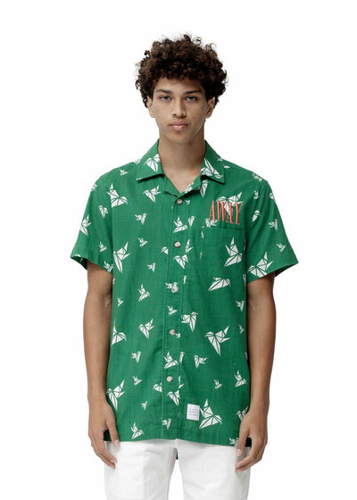 Konus Men's Green Revere Collar Shirt in Bird Pattern by Shop at Konus