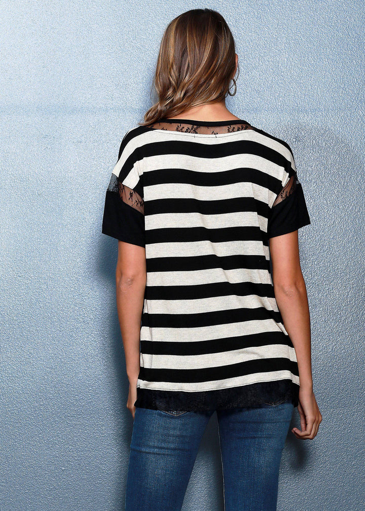 Women's Lace Trim Stripe Tee Women Clothing In Black White by Shop at Konus