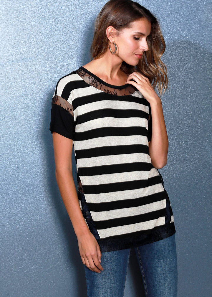 Women's Lace Trim Stripe Tee Women Clothing In Black White by Shop at Konus