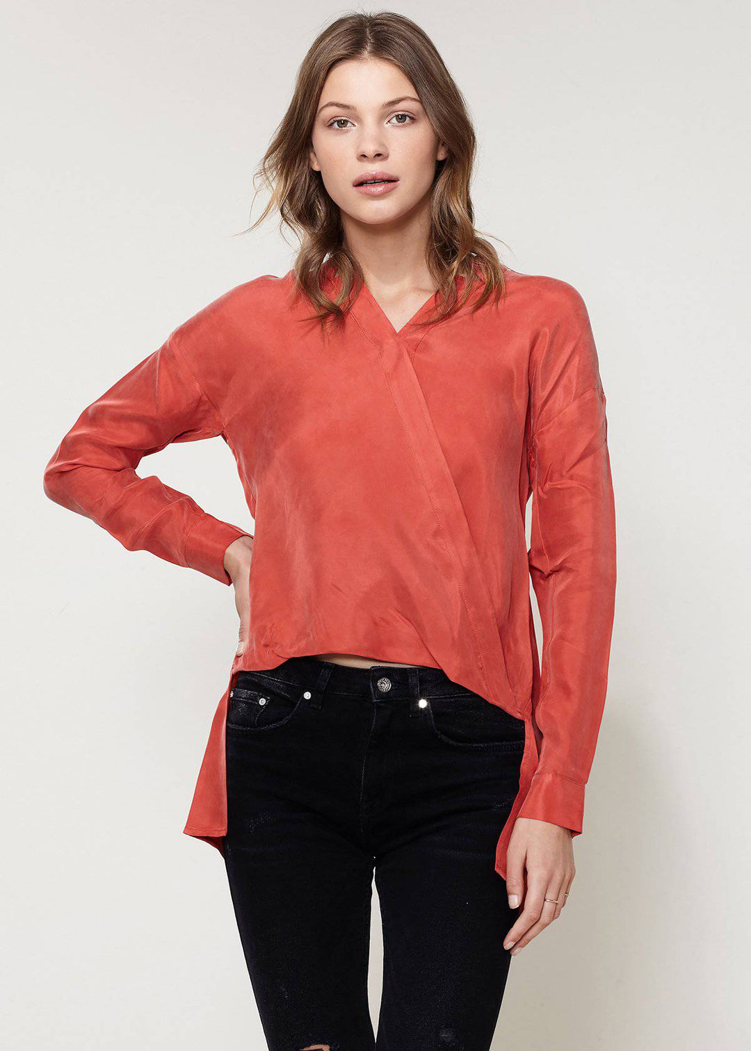 Women's Wrapped High Low Hem Blouse Top In Sweet Paprika by Shop at Konus