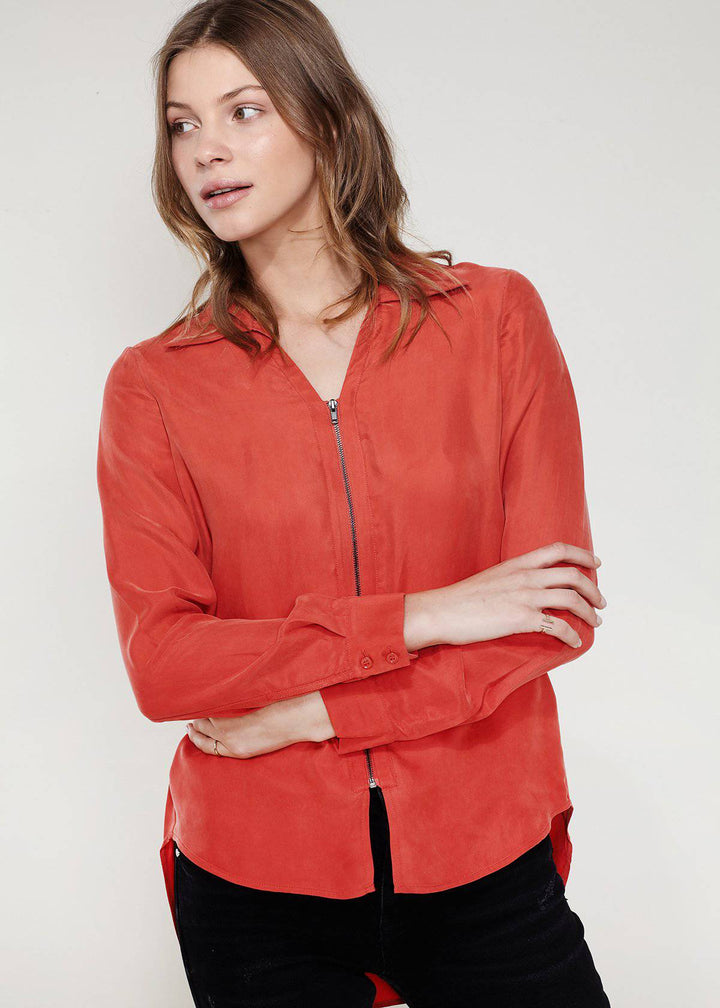 Women's Zip Up Shirt Blouse In Sweet Paprika by Shop at Konus