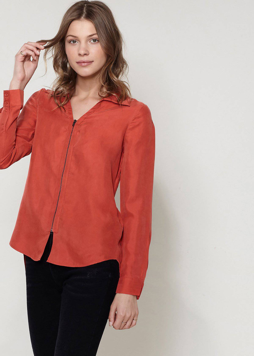 Women's Zip Up Shirt Blouse In Sweet Paprika by Shop at Konus