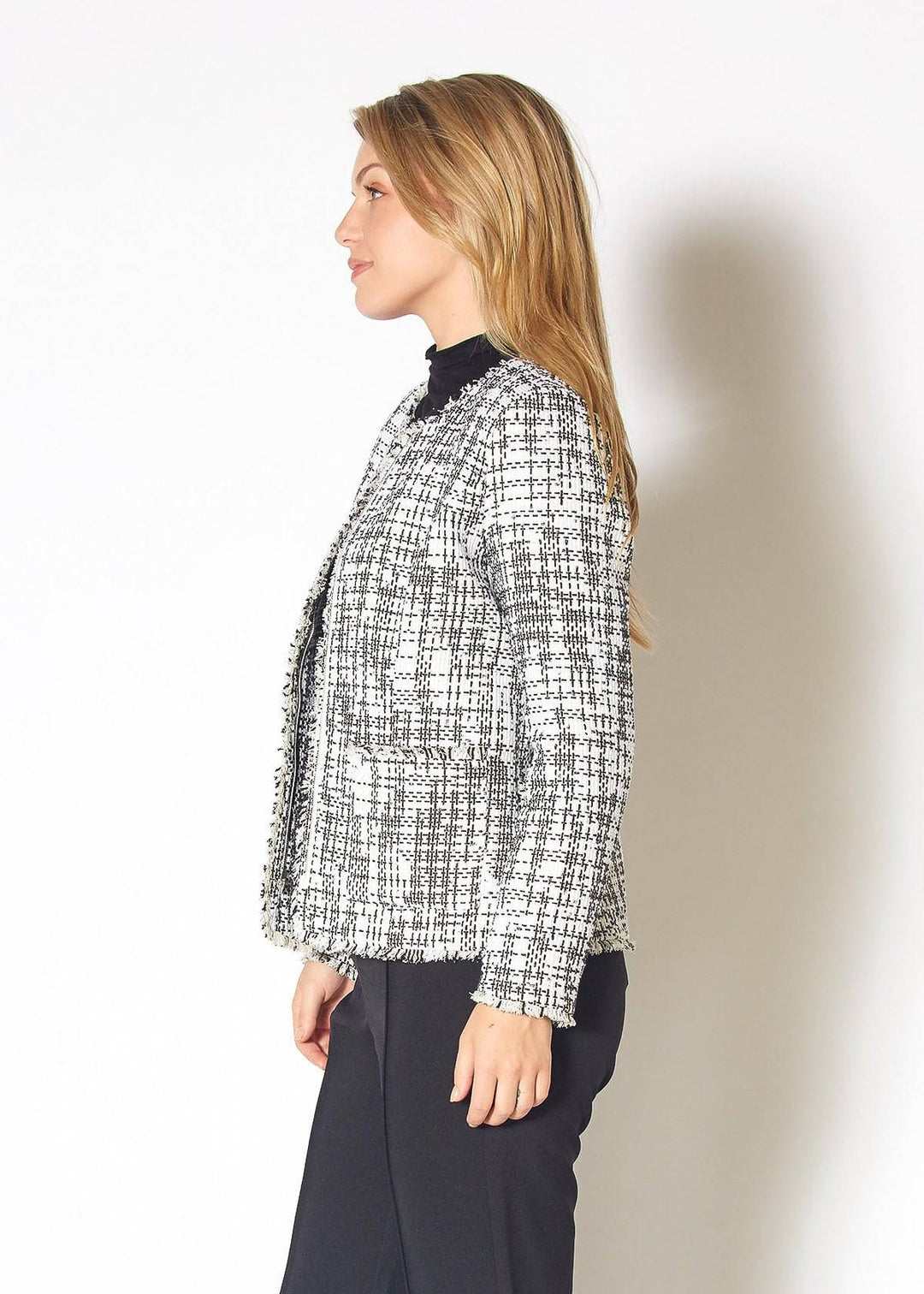 Women's Open Front Tweed Blazer in Black White Tweed by Shop at Konus