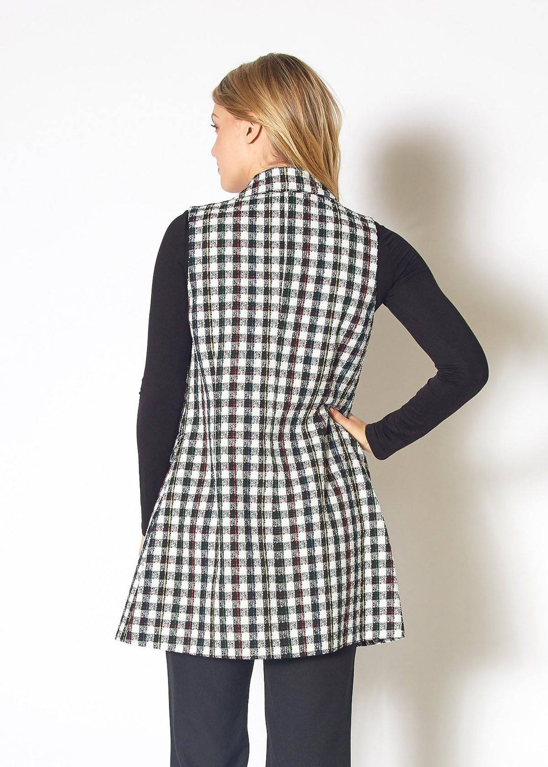 Women's Boucle Longline Vest in Black Plaid by Shop at Konus