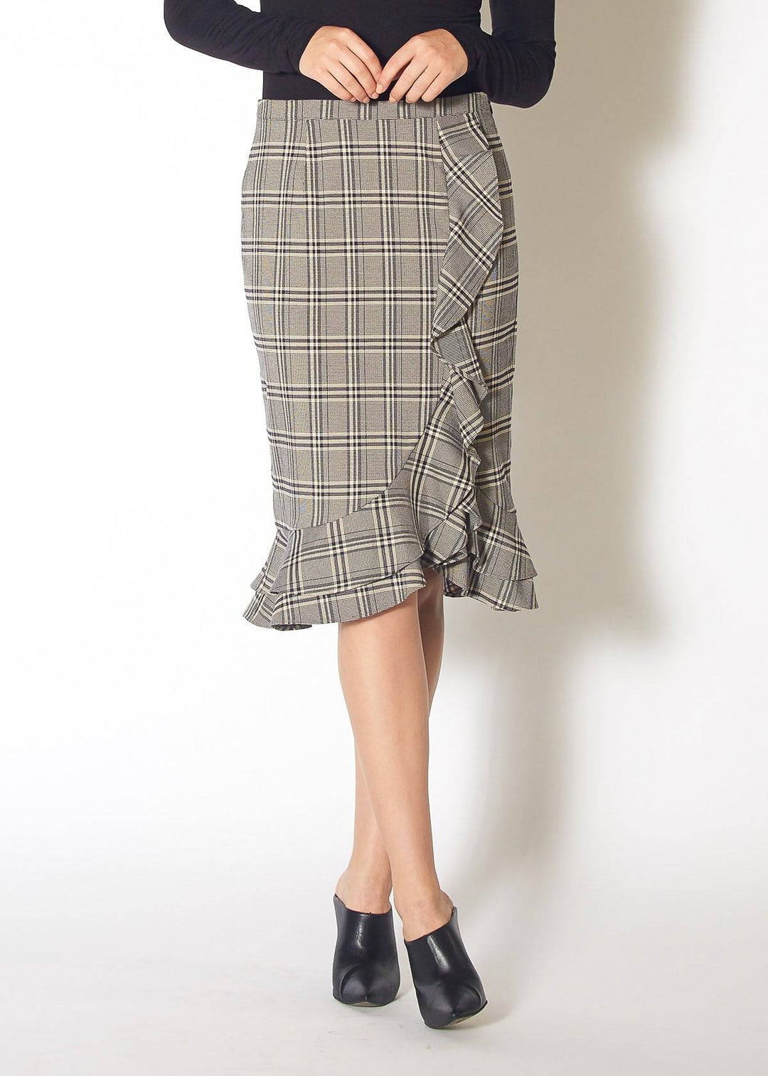 Women's Ruffle Trimmed Pencil Skirt in Black Plaid by Shop at Konus