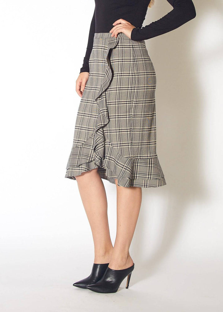 Women's Ruffle Trimmed Pencil Skirt in Black Plaid by Shop at Konus