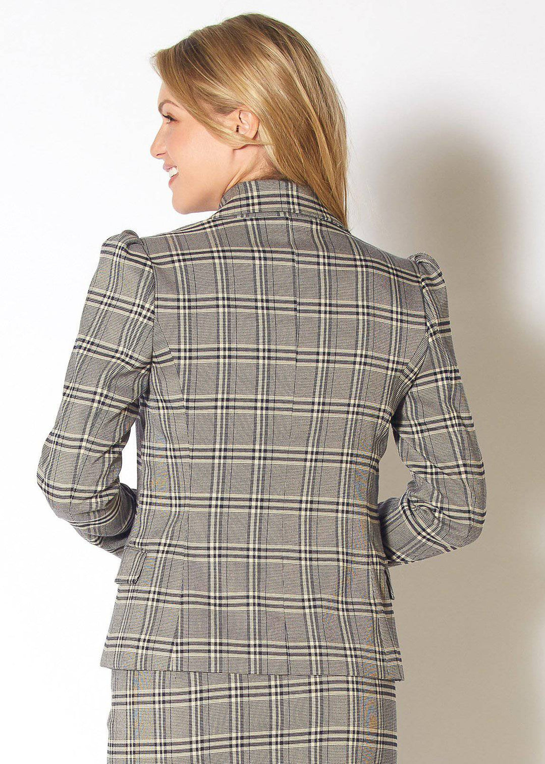 Women's Span Plaid Notch Collar Tweed Blazer in Black Plaid by Shop at Konus