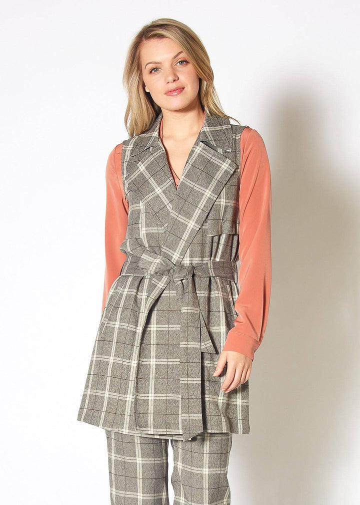 Women's Sleeveless Tie Waist Vest in Mocha Plaid by Shop at Konus