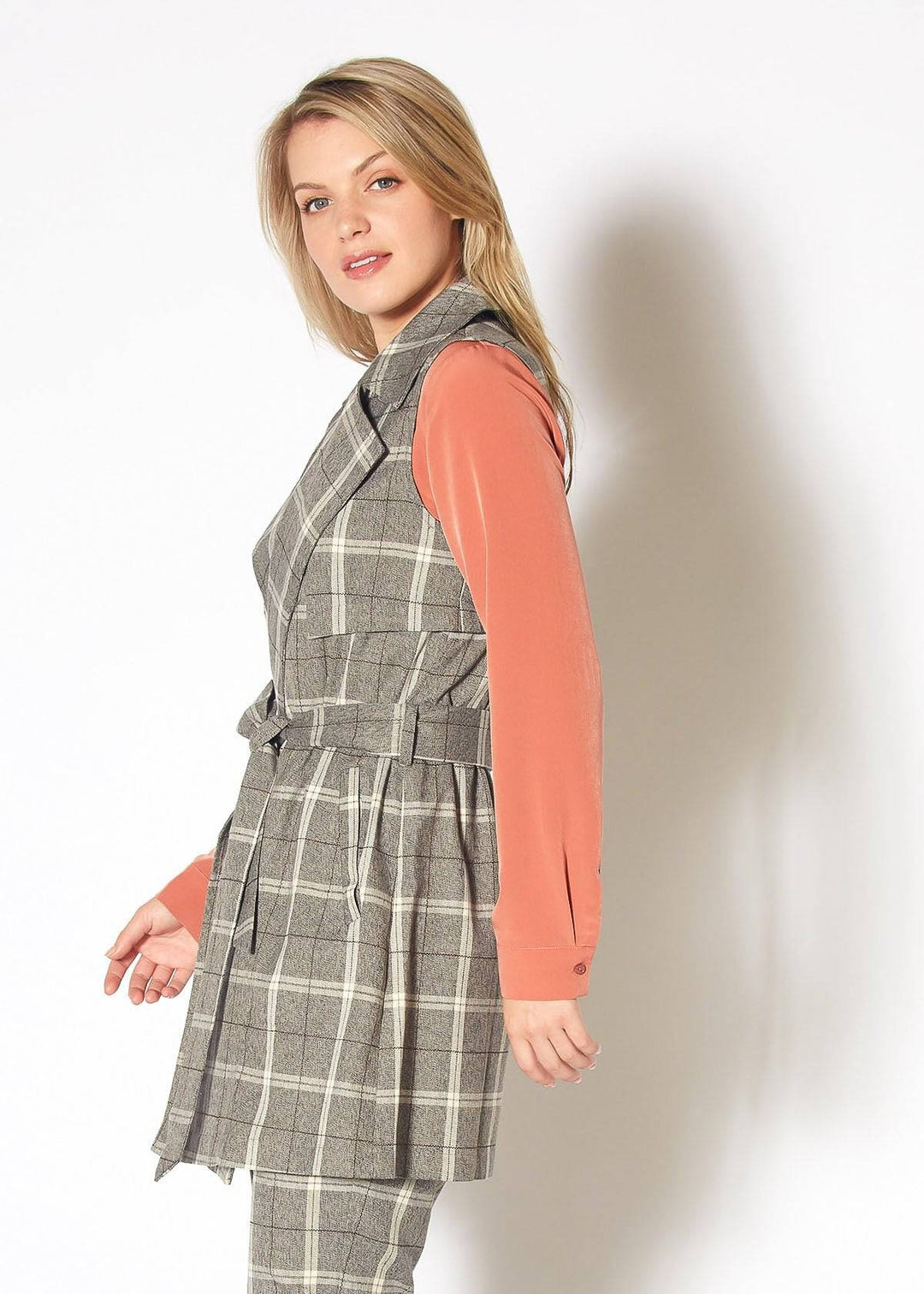 Women's Sleeveless Tie Waist Vest in Mocha Plaid by Shop at Konus