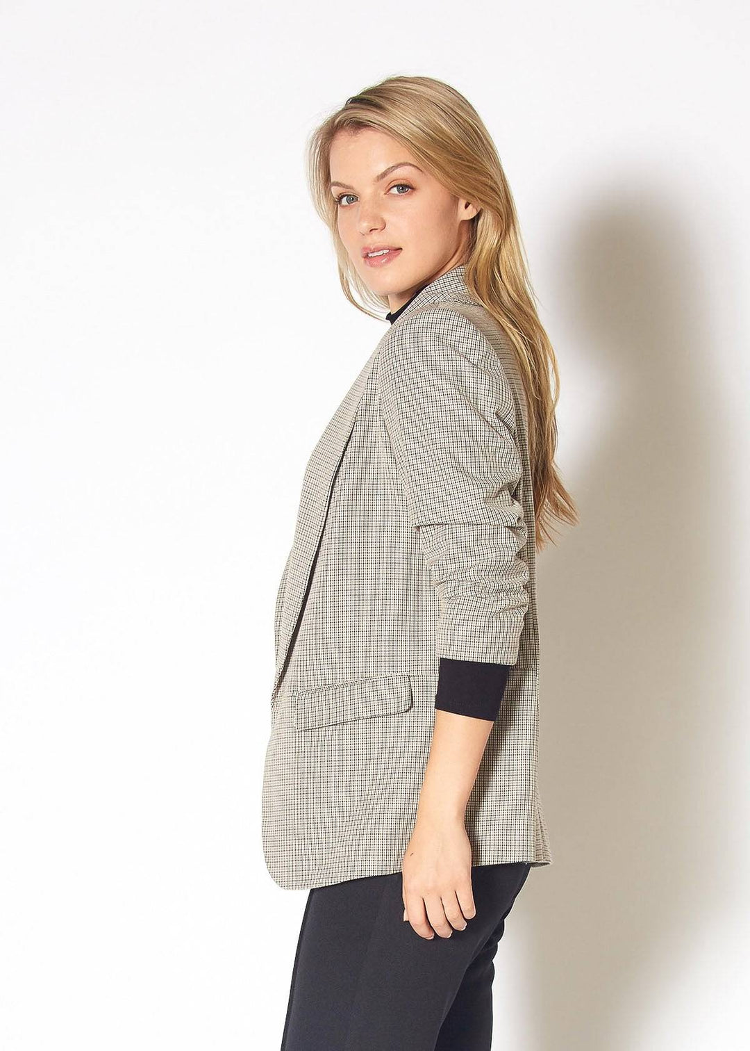 Women's Open Front Blazer in Black Houndstooth Plaid by Shop at Konus