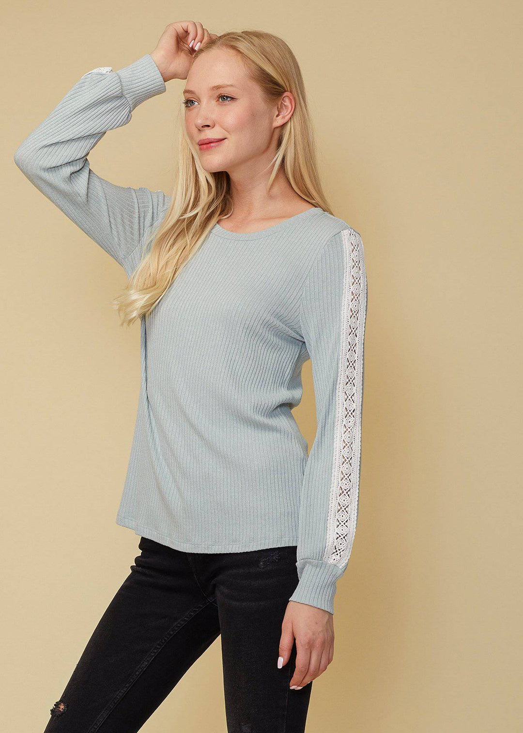 Women's Round Neck Sweater With Long Cuff Sleeves in Powder Mint by Shop at Konus