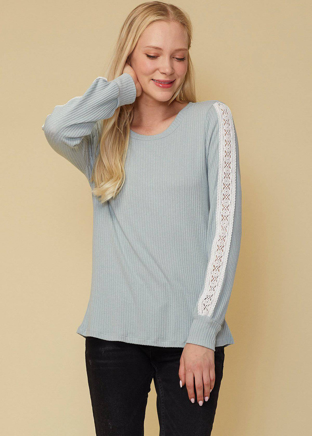 Women's Round Neck Sweater With Long Cuff Sleeves in Powder Mint by Shop at Konus