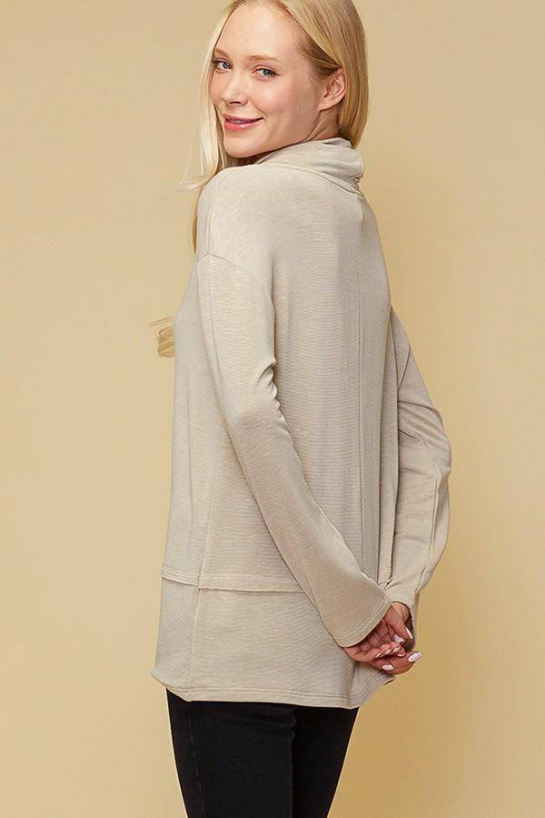 Women's Cowl Neck Drop Shoulder Layered Hem Top in Beige by Shop at Konus