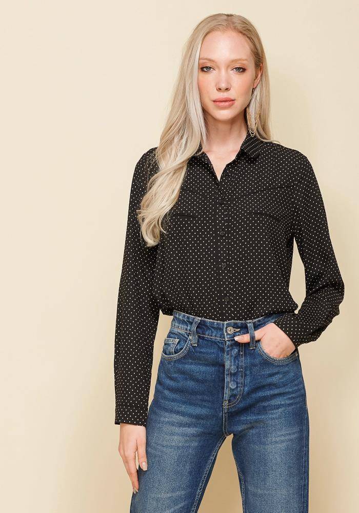 Women's Rounded Collar Button Down Shirt Blouse in Black Polka Dot by Shop at Konus