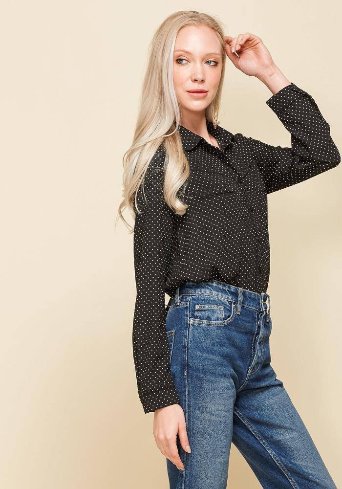 Women's Rounded Collar Button Down Shirt Blouse in Black Polka Dot by Shop at Konus