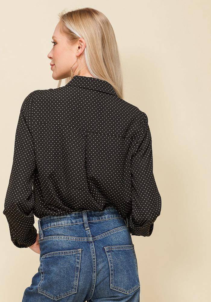 Women's Rounded Collar Button Down Shirt Blouse in Black Polka Dot by Shop at Konus