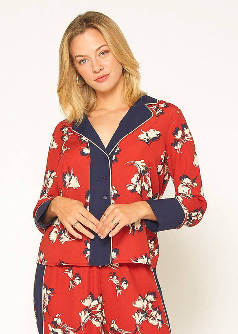 Floral Navy Contrast Pajama Blouse by Shop at Konus