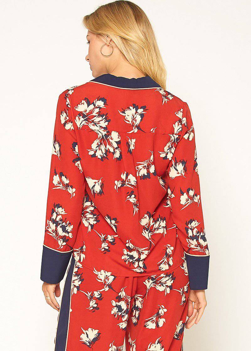 Floral Navy Contrast Pajama Blouse by Shop at Konus