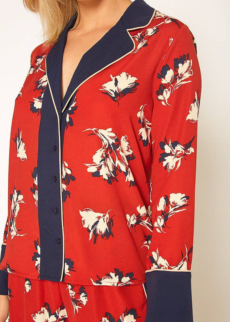 Floral Navy Contrast Pajama Blouse by Shop at Konus