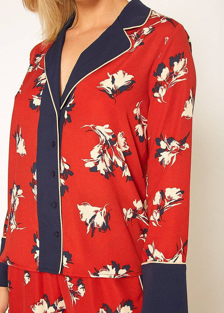 Floral Navy Contrast Pajama Blouse by Shop at Konus