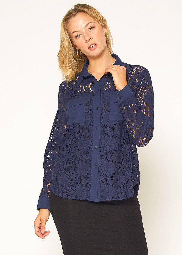 Women's Button Up Flower Lace Blouse in Navy by Shop at Konus