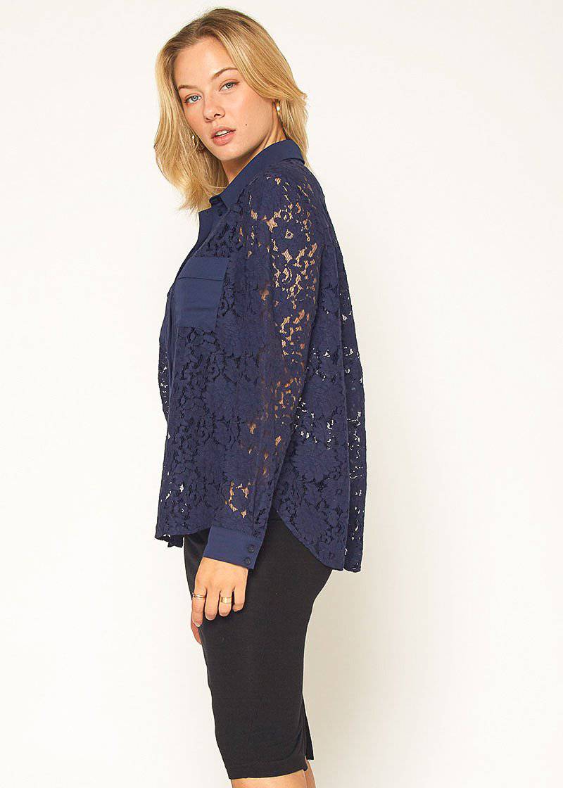 Women's Button Up Flower Lace Blouse in Navy by Shop at Konus