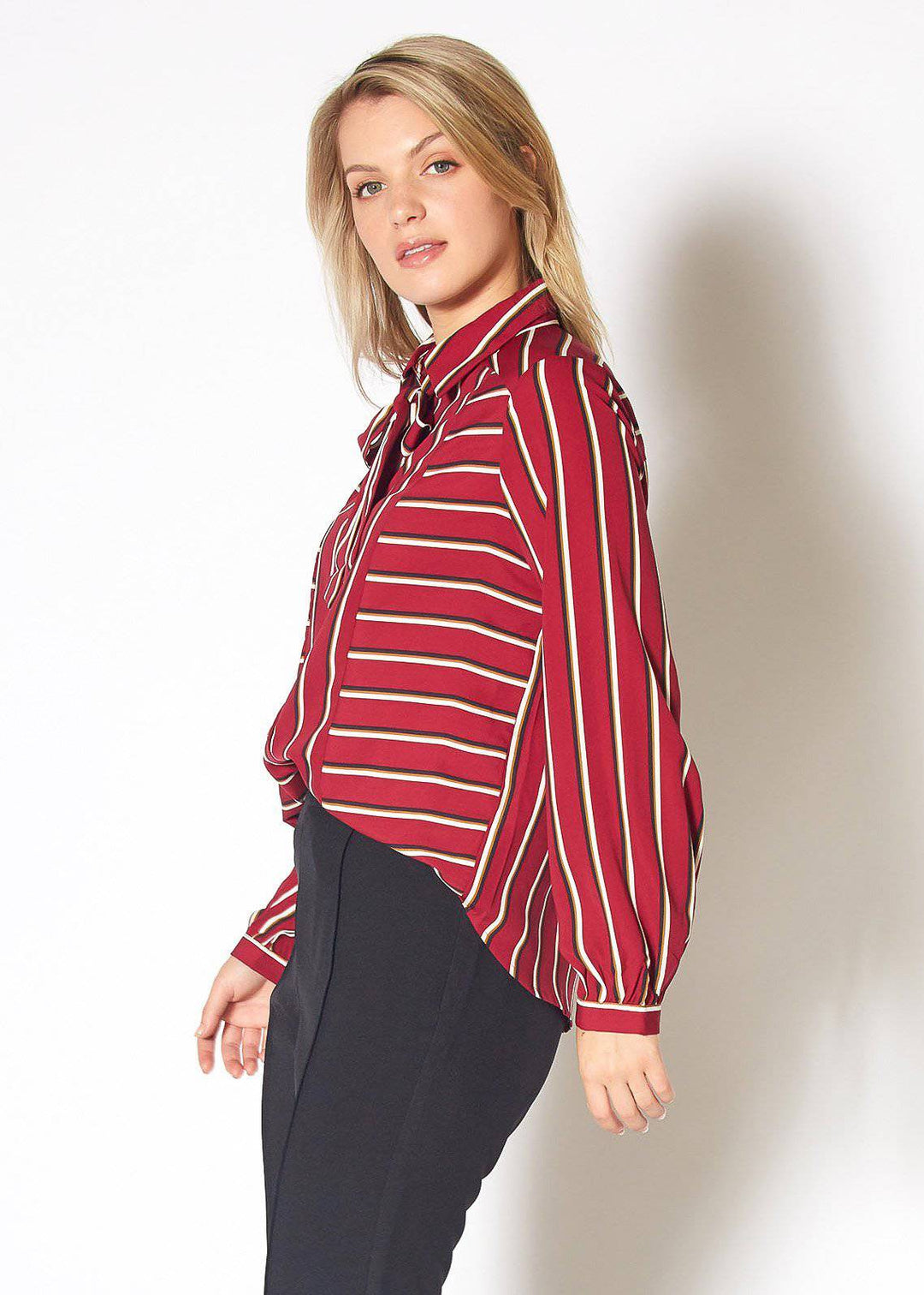 Womens Stripe Tie Neck Blouse in Dark Red Multi Stripe by Shop at Konus