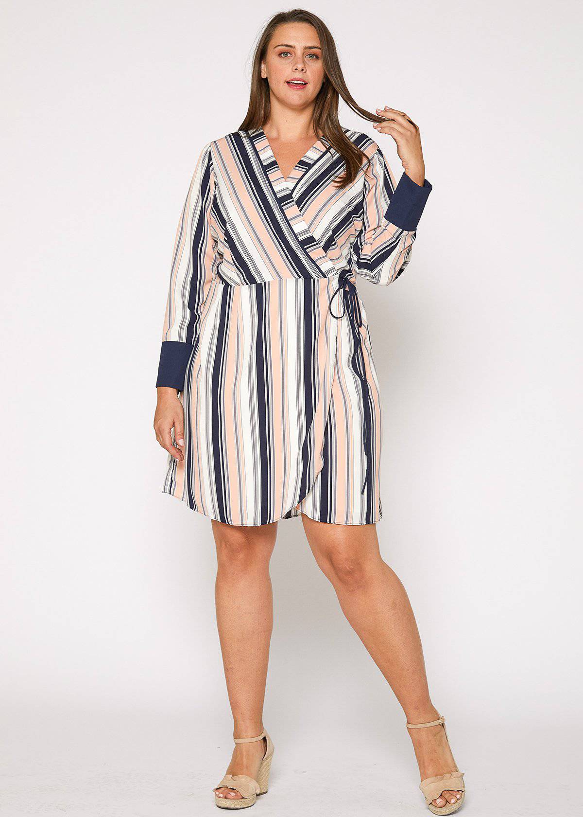Plus Size Printed Wrap Dress With Cuff Binding in Multi by Shop at Konus