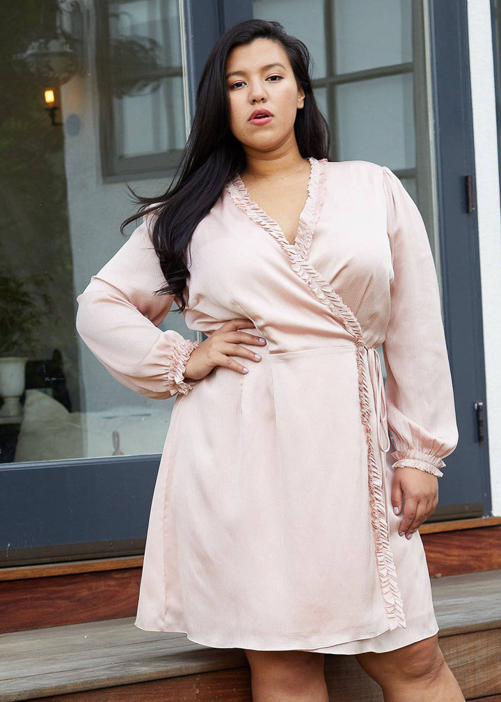 Plus Size Ruffle Trim Long Sleeve Wrap Dress in Mauve by Shop at Konus