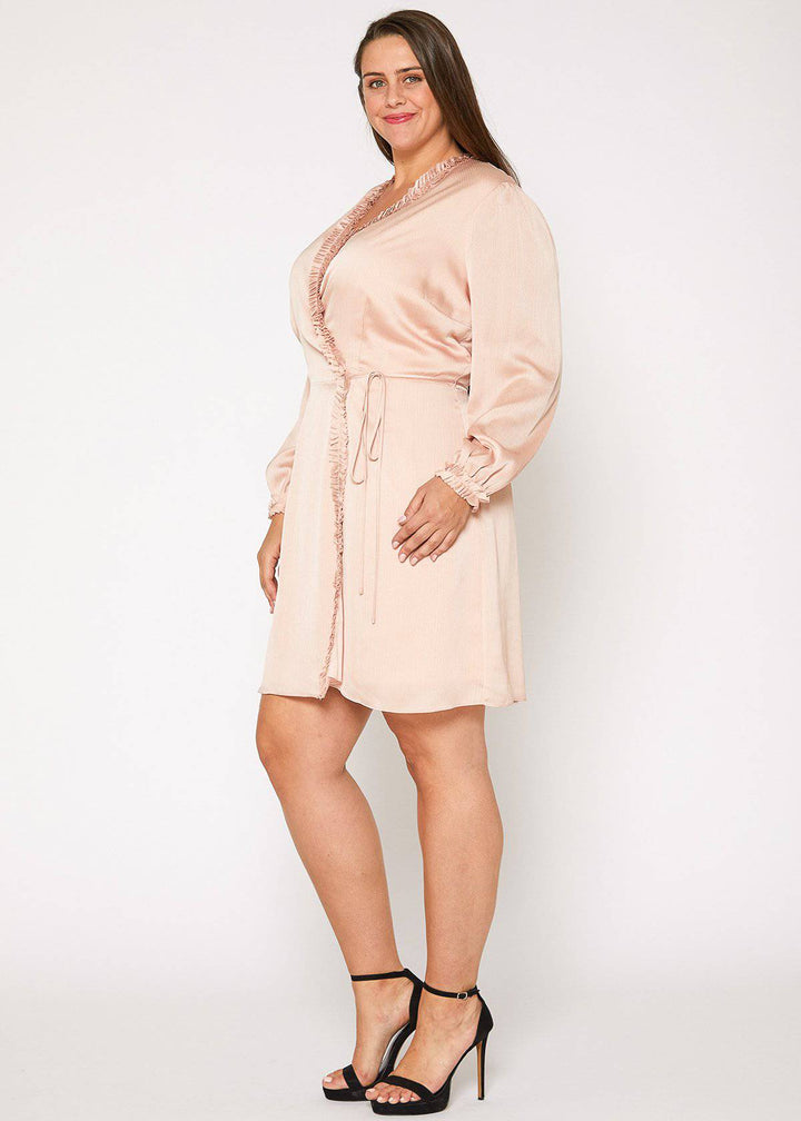 Plus Size Ruffle Trim Long Sleeve Wrap Dress in Mauve by Shop at Konus