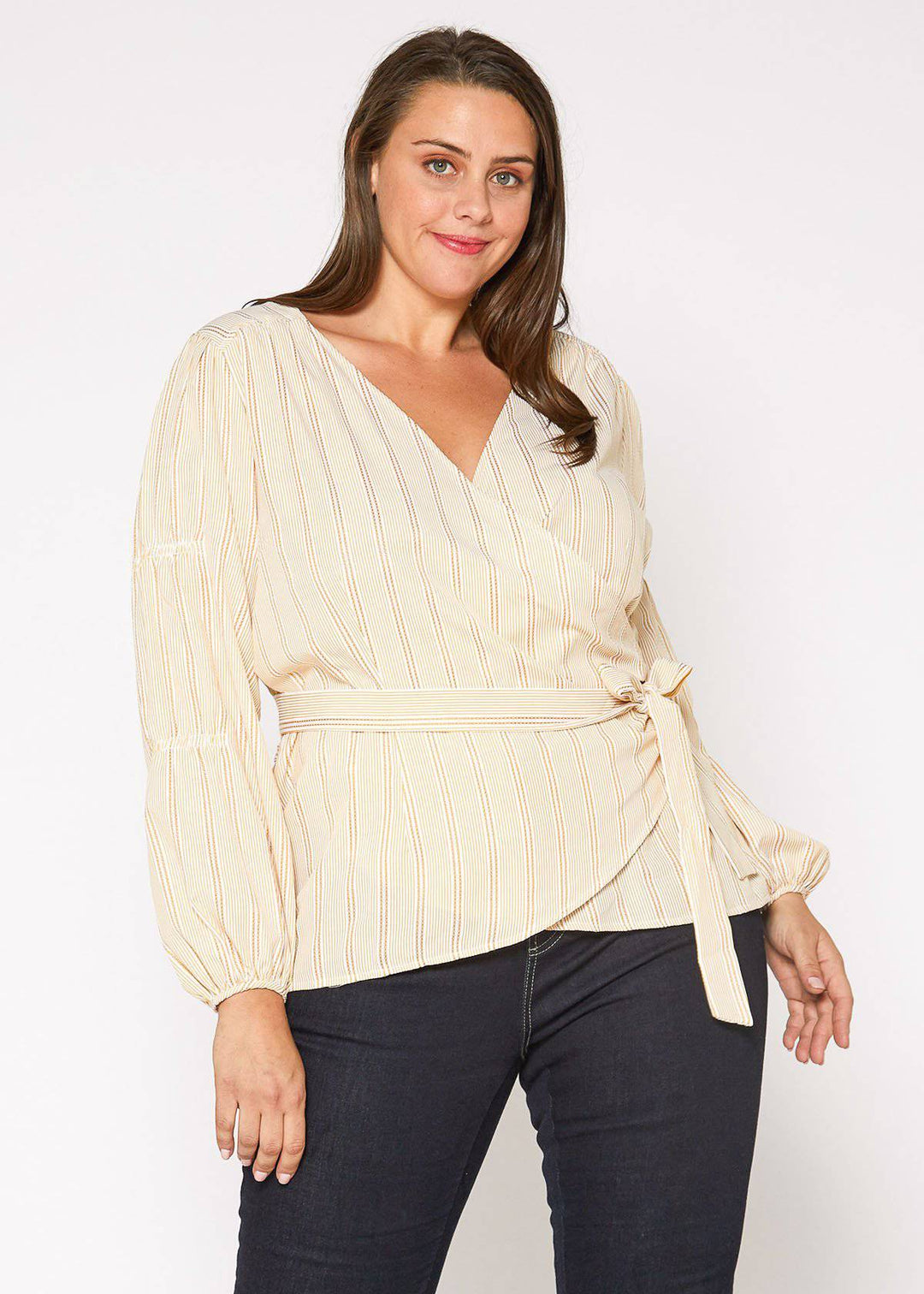 Plus Size Stripe Wrap Blouse in Yellow by Shop at Konus