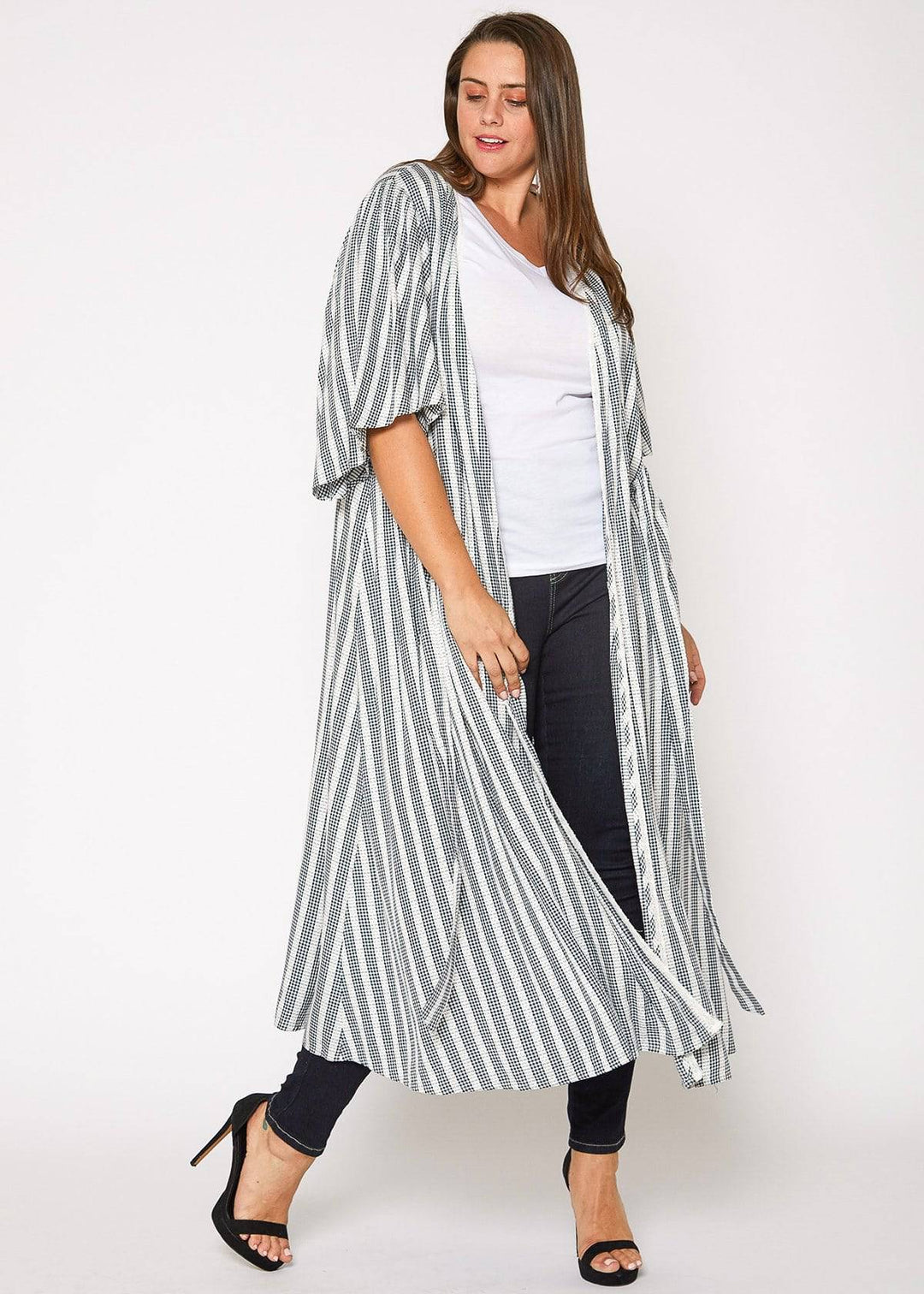 Plus Size Lace Trim Tie Front Maxi Dress in Ditsy Gingham by Shop at Konus