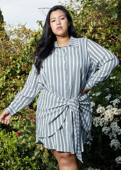 Plus Size Lace Trim Wrapped Shirt Dress in Ditsy Gingham by Shop at Konus