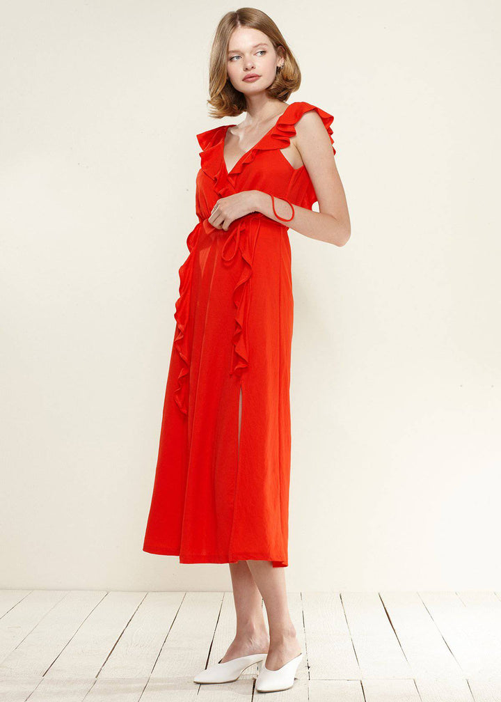 Ruffle Trim Wrapped Maxi Dress in Red by Shop at Konus