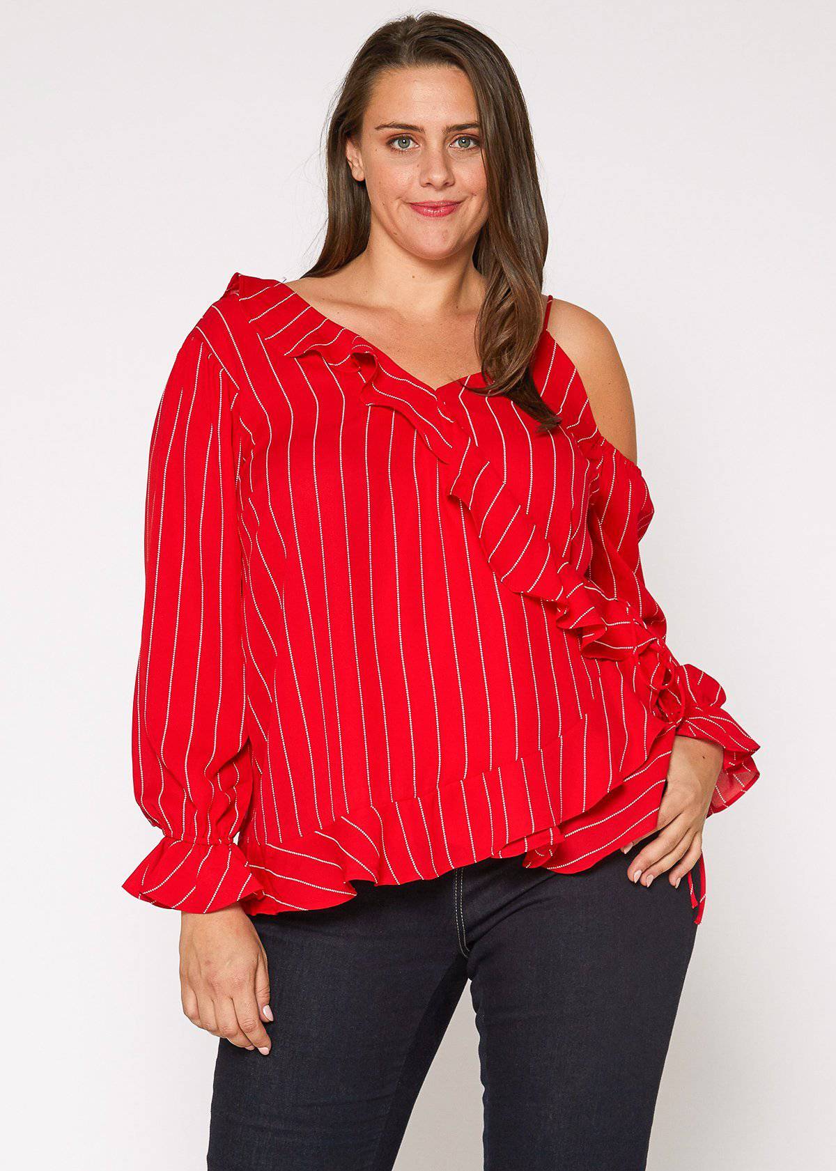 Plus Size Asymmetrical Shoulder Ruffle Blouse in Red by Shop at Konus